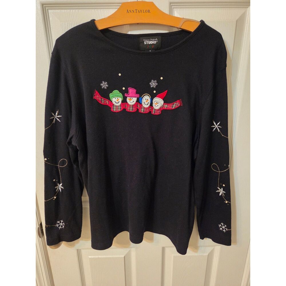Designer Originals Womens Black Embroidered Snowman Long Sleeve Size 1X